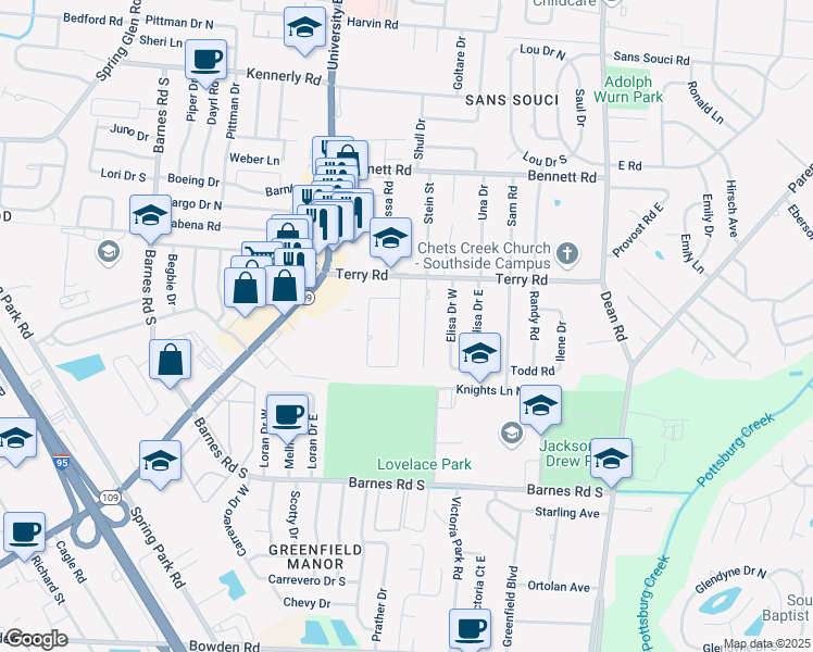 map of restaurants, bars, coffee shops, grocery stores, and more near 2721 Sack Drive West in Jacksonville