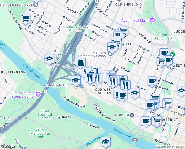 map of restaurants, bars, coffee shops, grocery stores, and more near 1634 West 6th Street in Austin