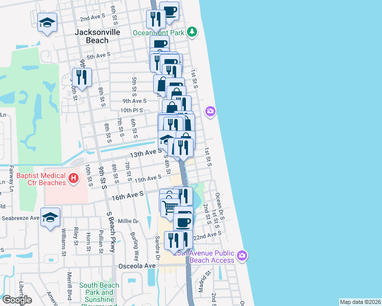 map of restaurants, bars, coffee shops, grocery stores, and more near 1315 3rd Street South in Jacksonville Beach