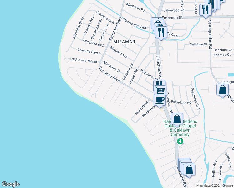 map of restaurants, bars, coffee shops, grocery stores, and more near 4361 Gadsden Court in Jacksonville