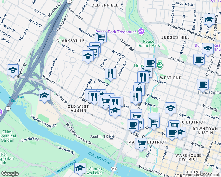 map of restaurants, bars, coffee shops, grocery stores, and more near 1301 West 9th Street in Austin