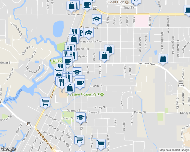 map of restaurants, bars, coffee shops, grocery stores, and more near 2008 5th Street in Slidell