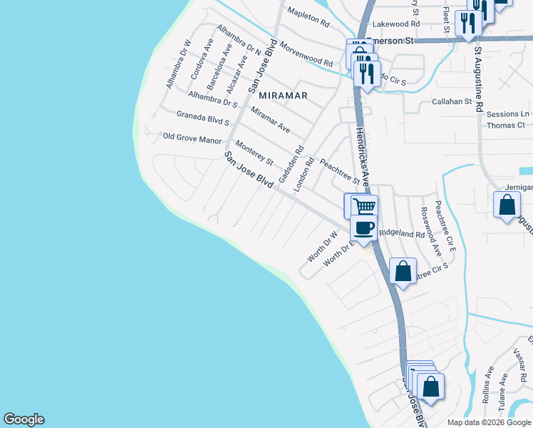 map of restaurants, bars, coffee shops, grocery stores, and more near 4361 Gadsden Court in Jacksonville