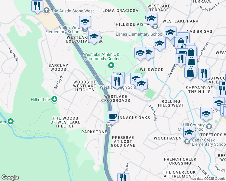 map of restaurants, bars, coffee shops, grocery stores, and more near 4301 Westbank Drive in Austin