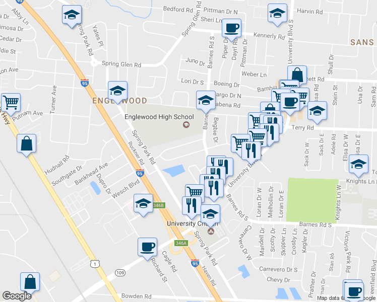 map of restaurants, bars, coffee shops, grocery stores, and more near 5401 Santa Monica Boulevard South in Jacksonville