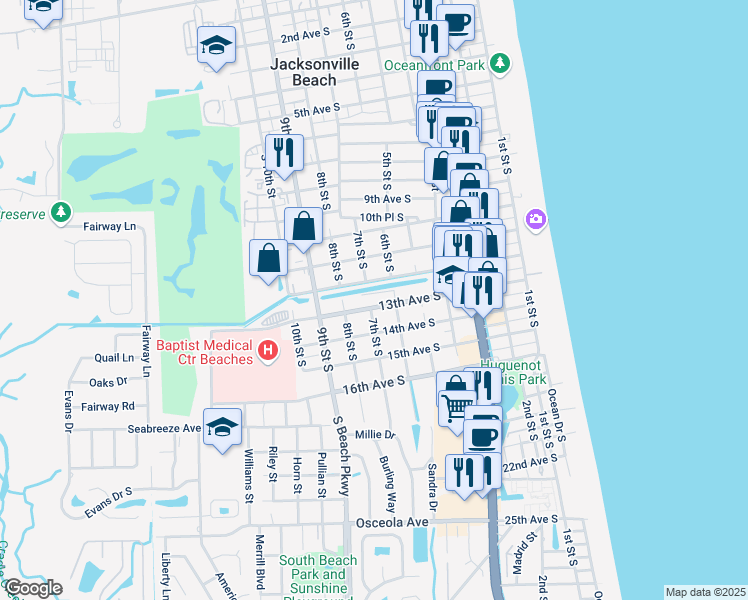 map of restaurants, bars, coffee shops, grocery stores, and more near 625 13th Avenue South in Jacksonville Beach