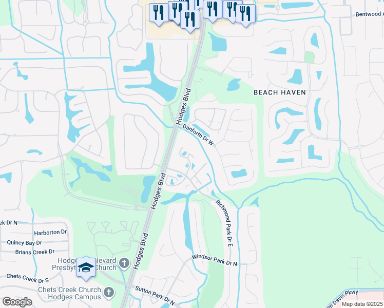 map of restaurants, bars, coffee shops, grocery stores, and more near 13703 Richmond Park Drive North in Jacksonville