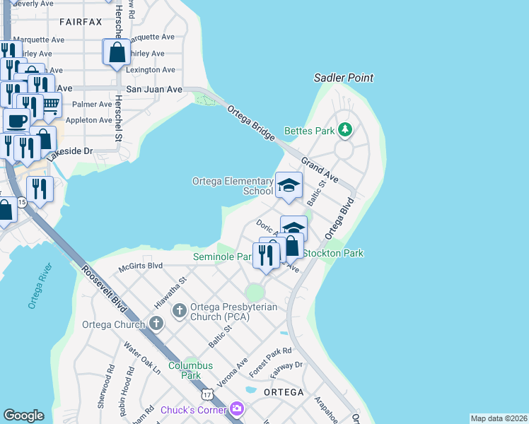 map of restaurants, bars, coffee shops, grocery stores, and more near 2718 Harvard Avenue in Jacksonville