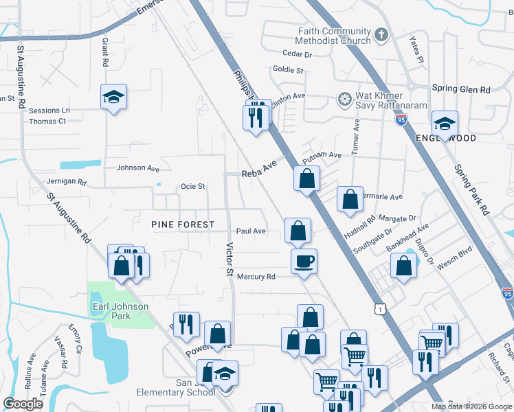 map of restaurants, bars, coffee shops, grocery stores, and more near 2817 Larsen Road in Jacksonville