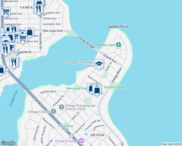map of restaurants, bars, coffee shops, grocery stores, and more near 2718 Harvard Avenue in Jacksonville