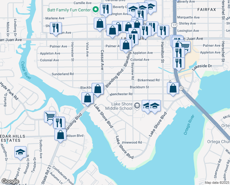 map of restaurants, bars, coffee shops, grocery stores, and more near 4820 Blackburn Street in Jacksonville