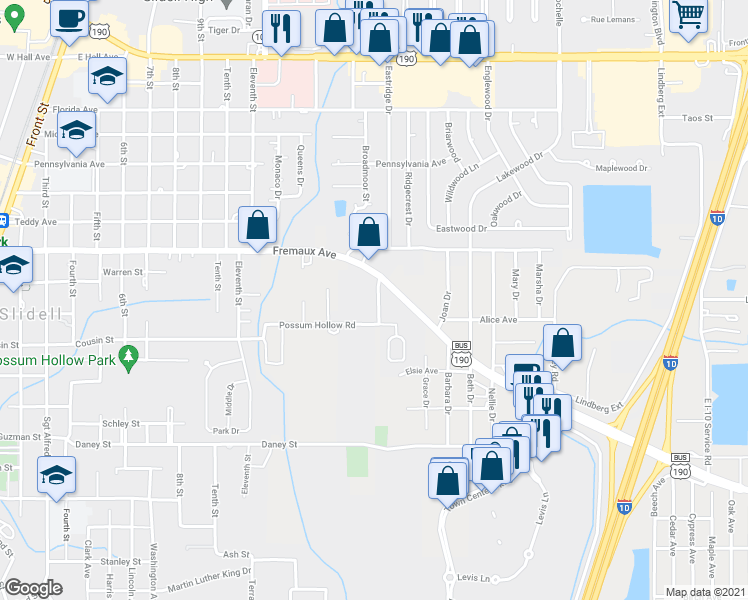 map of restaurants, bars, coffee shops, grocery stores, and more near 1901 Possum Hollow Road in Slidell