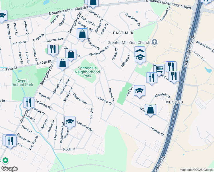 map of restaurants, bars, coffee shops, grocery stores, and more near 1303 Delano Street in Austin