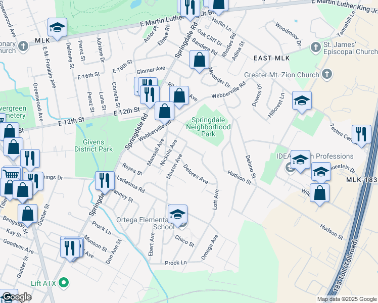 map of restaurants, bars, coffee shops, grocery stores, and more near 5100 Lott Avenue in Austin