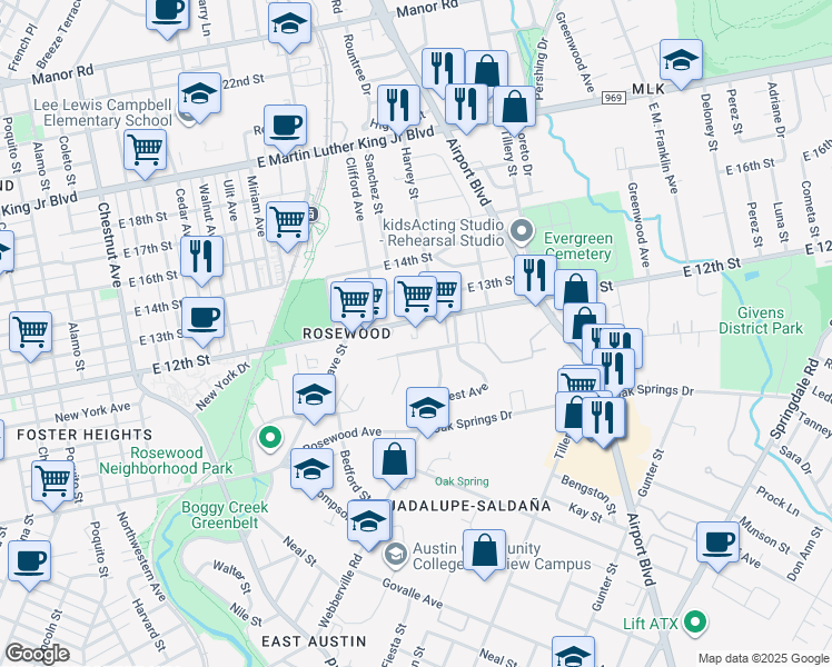 map of restaurants, bars, coffee shops, grocery stores, and more near 2927 East 12th Street in Austin