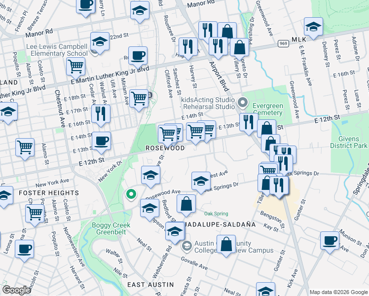 map of restaurants, bars, coffee shops, grocery stores, and more near 2927 East 12th Street in Austin