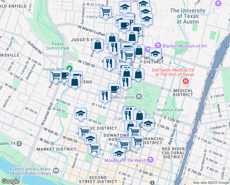 map of restaurants, bars, coffee shops, grocery stores, and more near 304 West 13th Street in Austin