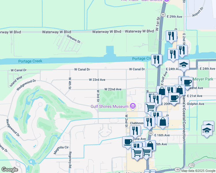 map of restaurants, bars, coffee shops, grocery stores, and more near 360 West 22nd Avenue in Gulf Shores