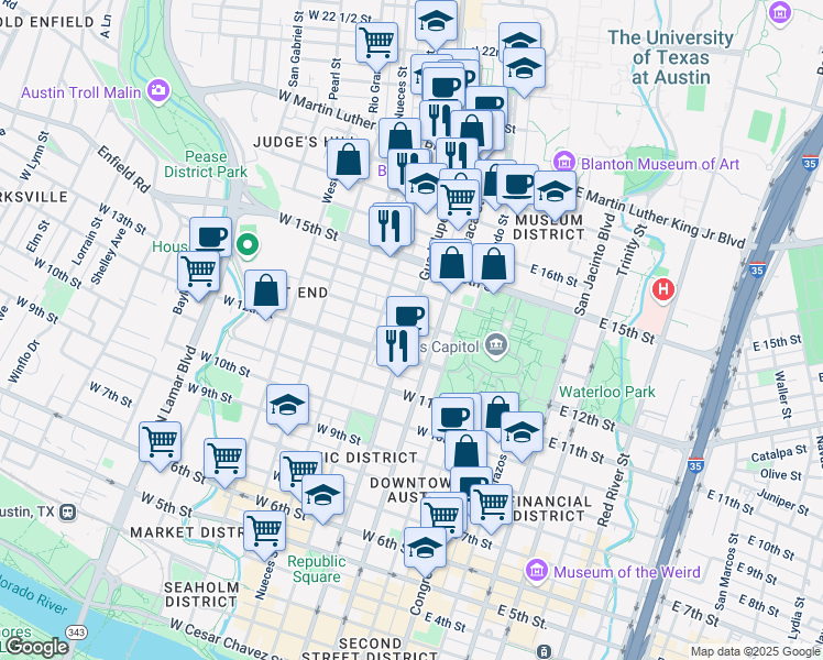 map of restaurants, bars, coffee shops, grocery stores, and more near 1215 Guadalupe Street in Austin