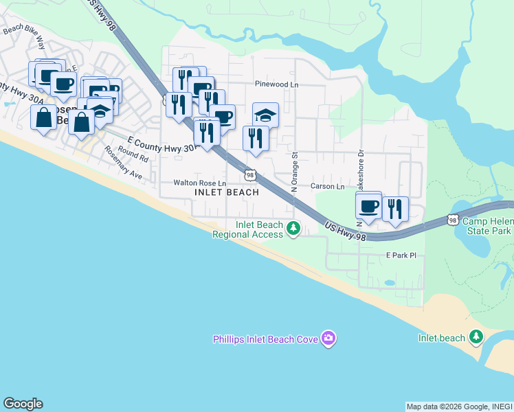 map of restaurants, bars, coffee shops, grocery stores, and more near 13226 East Emerald Coast Parkway in Rosemary Beach