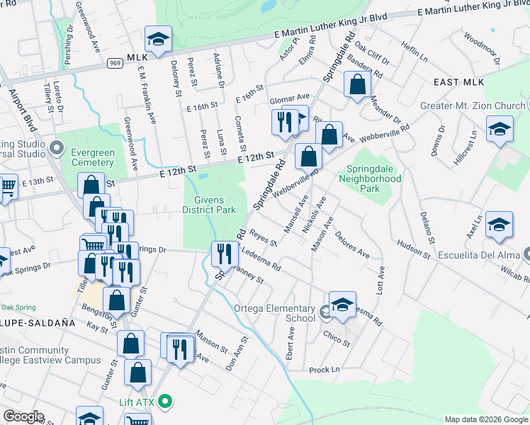 map of restaurants, bars, coffee shops, grocery stores, and more near 1141 Springdale Road in Austin