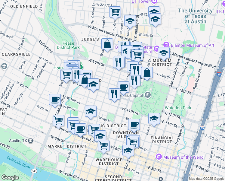 map of restaurants, bars, coffee shops, grocery stores, and more near 1205 Nueces Street in Austin
