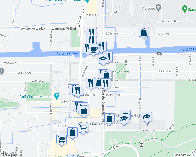 map of restaurants, bars, coffee shops, grocery stores, and more near 220 East 22nd Avenue in Gulf Shores