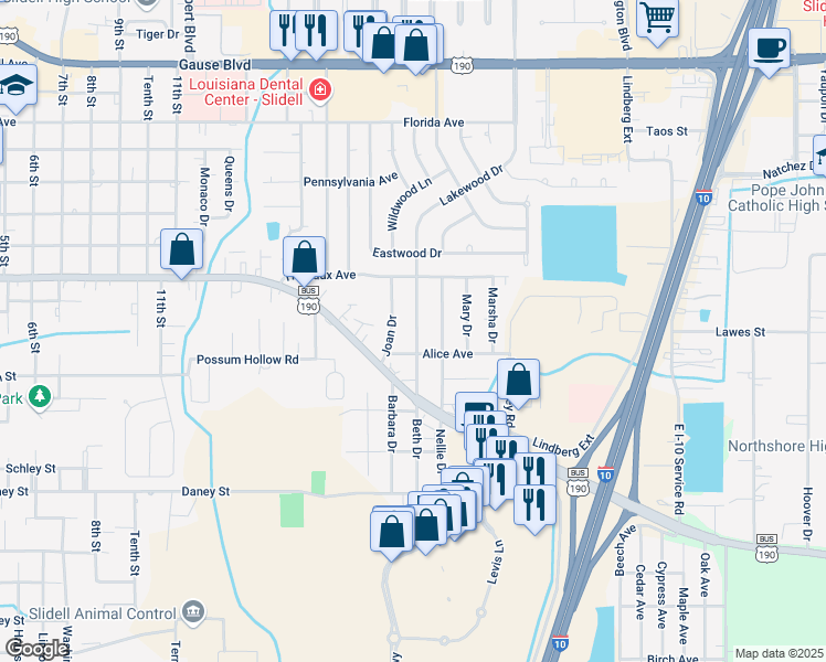 map of restaurants, bars, coffee shops, grocery stores, and more near 1742 Joan Drive in Slidell