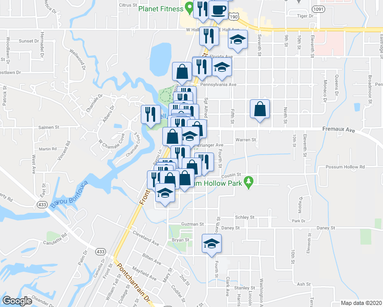 map of restaurants, bars, coffee shops, grocery stores, and more near 2043 2nd Street in Slidell