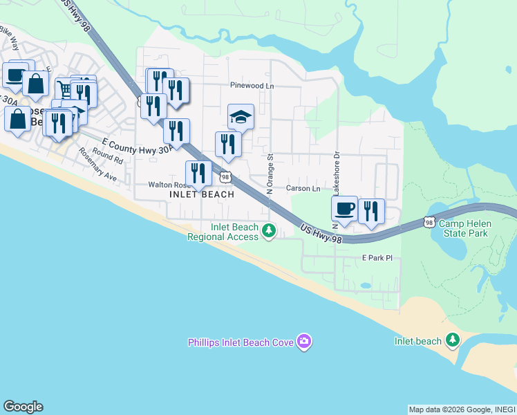 map of restaurants, bars, coffee shops, grocery stores, and more near 23 Pompano Court in Walton County