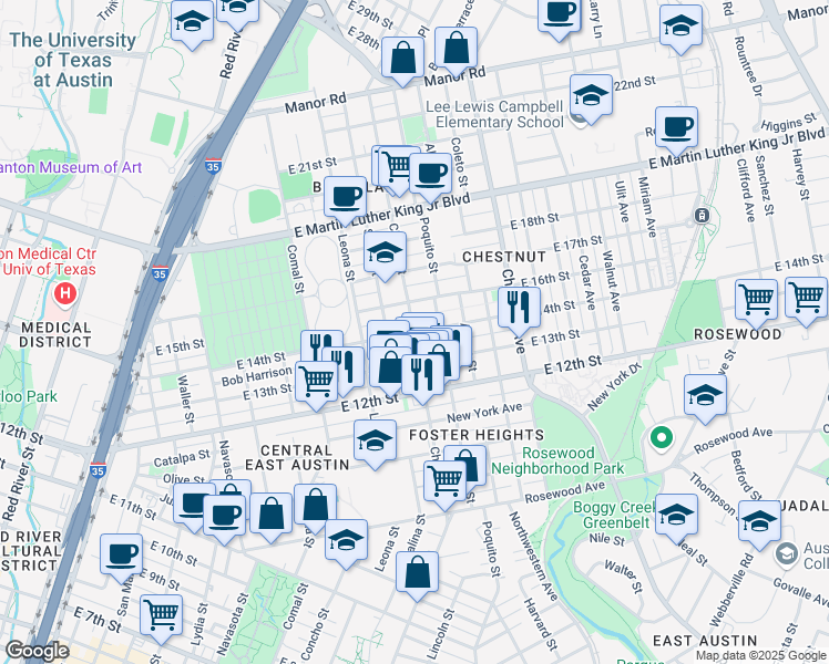 map of restaurants, bars, coffee shops, grocery stores, and more near Chicon Street & East 14th Street in Austin