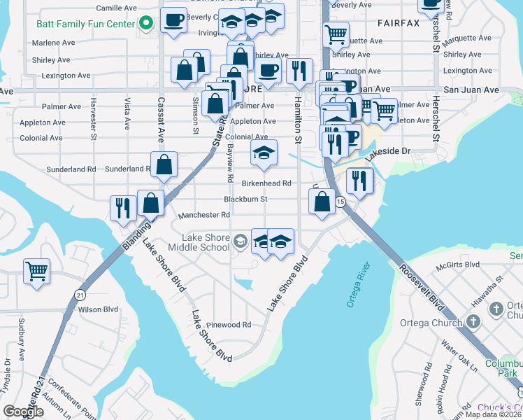 map of restaurants, bars, coffee shops, grocery stores, and more near 4608 Blackburn Street in Jacksonville