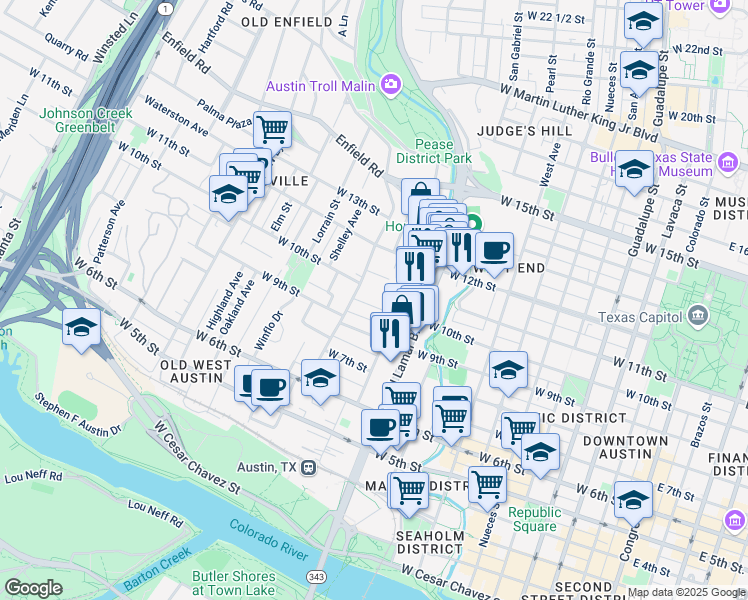 map of restaurants, bars, coffee shops, grocery stores, and more near 1112 West 10th Street in Austin