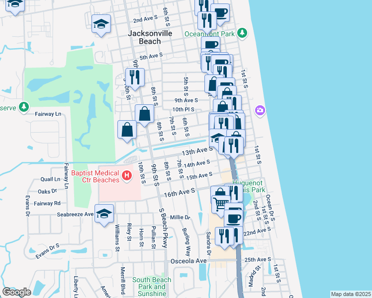 map of restaurants, bars, coffee shops, grocery stores, and more near 625 13th Avenue South in Jacksonville Beach