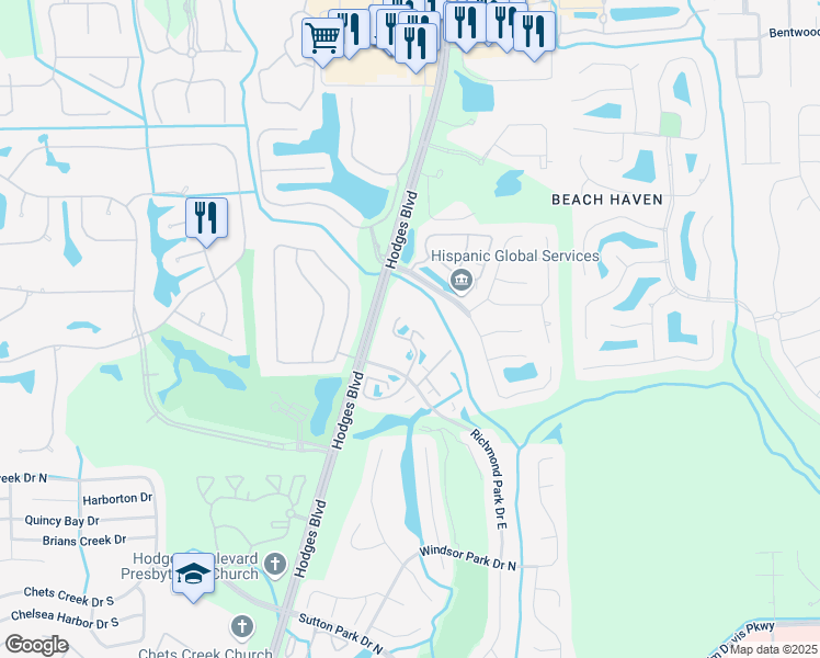 map of restaurants, bars, coffee shops, grocery stores, and more near 13700 Richmond Park Drive North in Jacksonville