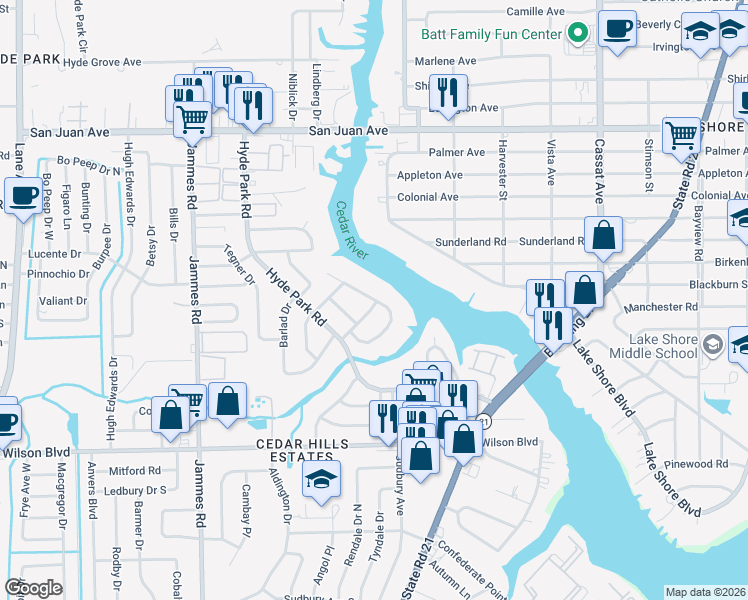 map of restaurants, bars, coffee shops, grocery stores, and more near Cedar Shores Circle in Jacksonville
