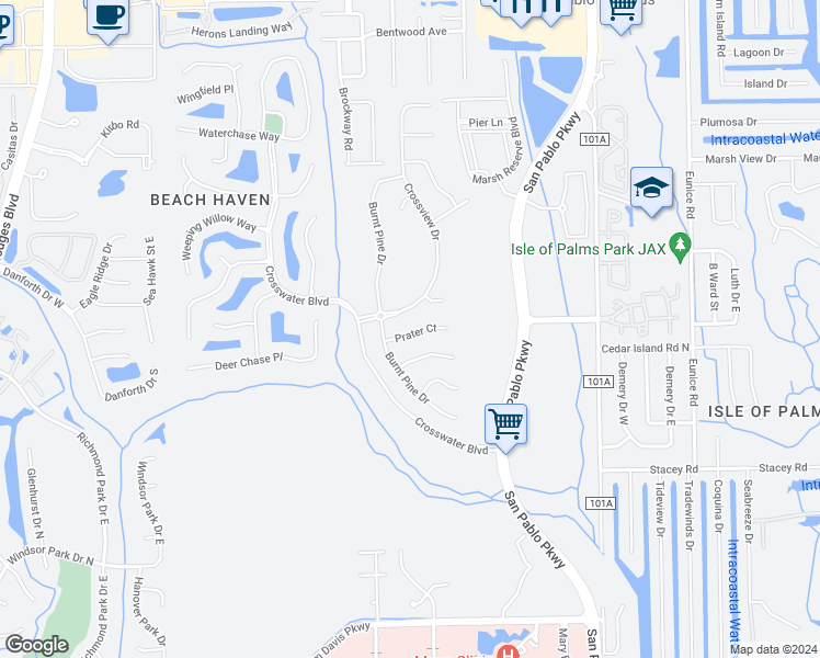 map of restaurants, bars, coffee shops, grocery stores, and more near 3813 Crossview Drive in Jacksonville