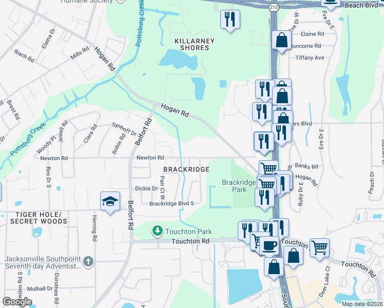 map of restaurants, bars, coffee shops, grocery stores, and more near 8479 Newton Road in Jacksonville