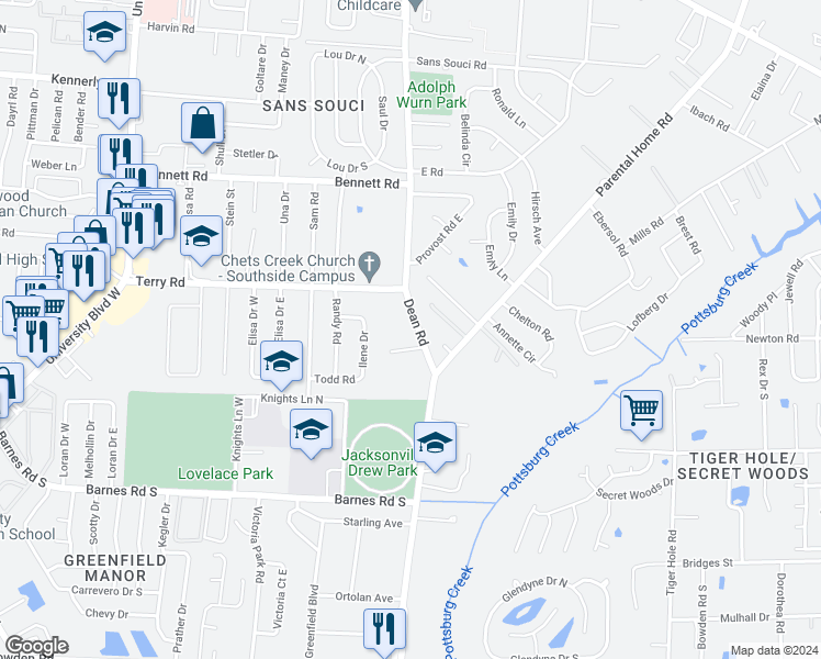 map of restaurants, bars, coffee shops, grocery stores, and more near 2650 Dean Road in Jacksonville