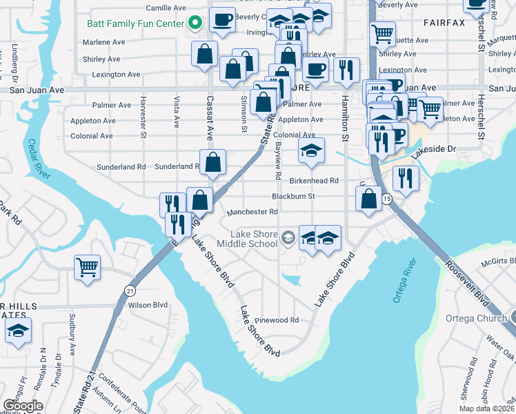 map of restaurants, bars, coffee shops, grocery stores, and more near 4736 Blackburn Street in Jacksonville
