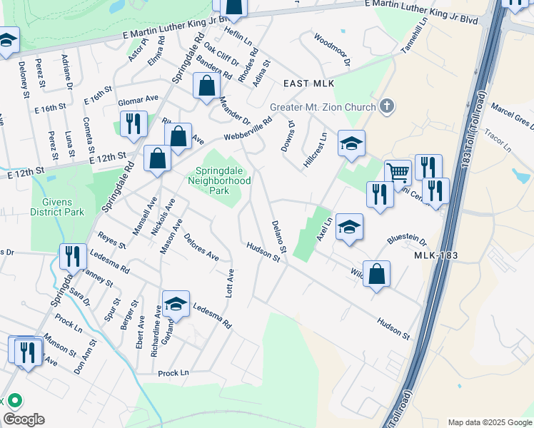 map of restaurants, bars, coffee shops, grocery stores, and more near 1303 Delano Street in Austin