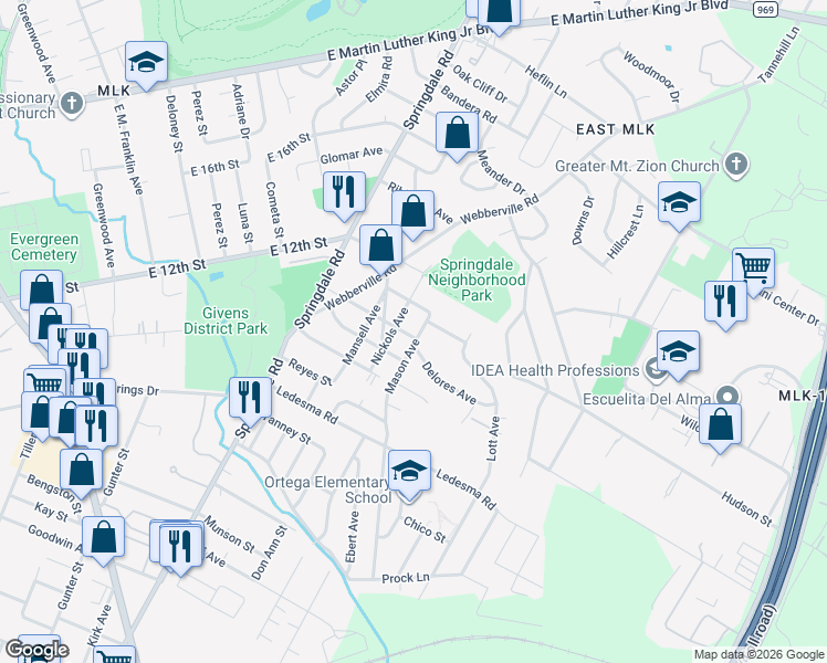 map of restaurants, bars, coffee shops, grocery stores, and more near 1146 Mason Avenue in Austin
