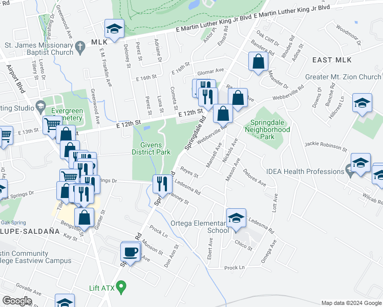 map of restaurants, bars, coffee shops, grocery stores, and more near 1141 Springdale Road in Austin