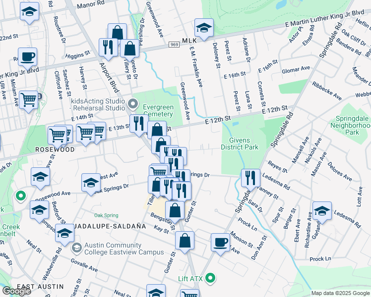 map of restaurants, bars, coffee shops, grocery stores, and more near 3404 Pennsylvania Avenue in Austin
