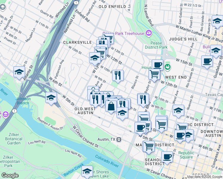 map of restaurants, bars, coffee shops, grocery stores, and more near 812 Winflo Drive in Austin