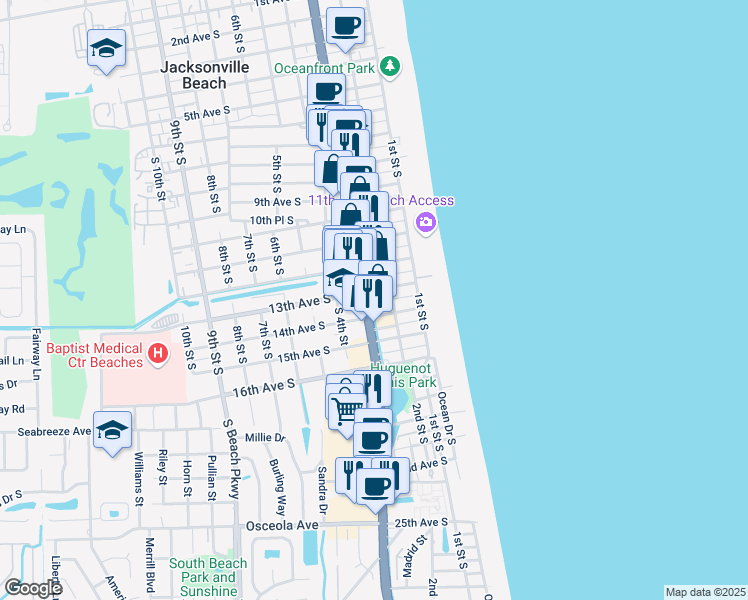 map of restaurants, bars, coffee shops, grocery stores, and more near 1315 3rd Street South in Jacksonville Beach