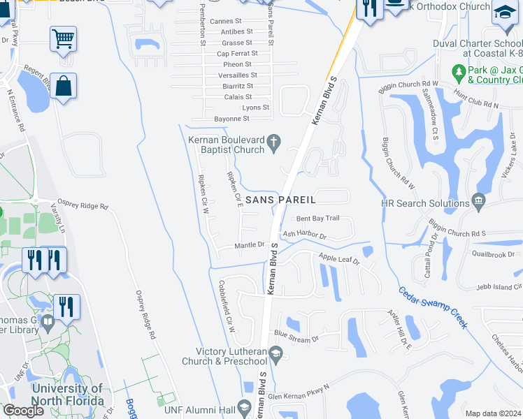 map of restaurants, bars, coffee shops, grocery stores, and more near 12253 Antoni Court in Jacksonville