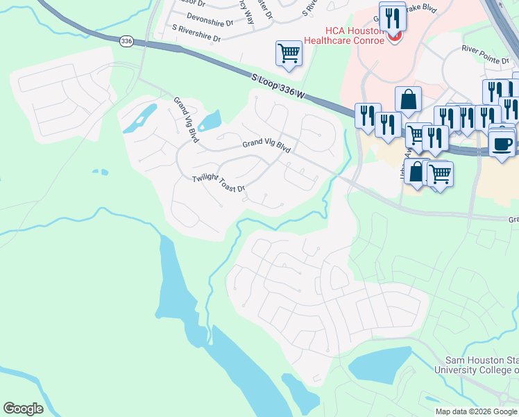 map of restaurants, bars, coffee shops, grocery stores, and more near 112 Liatris Court in Conroe