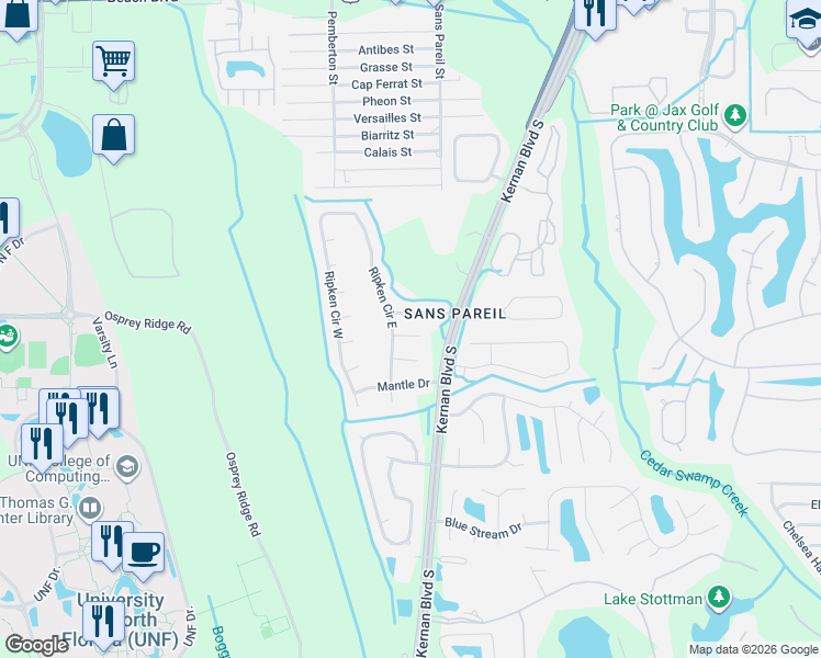 map of restaurants, bars, coffee shops, grocery stores, and more near 12229 Antoni Court in Jacksonville