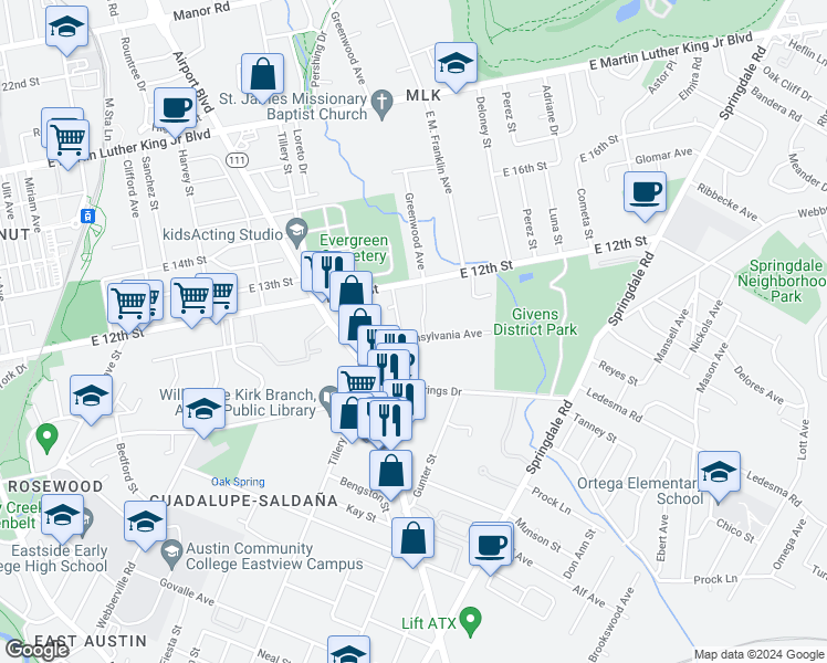 map of restaurants, bars, coffee shops, grocery stores, and more near 3404 Pennsylvania Avenue in Austin